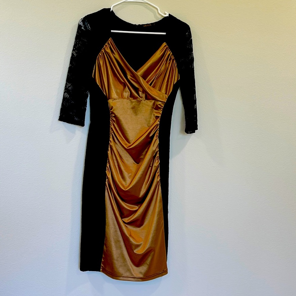 Miusol Bodycon Dress Gold Black Women's Size M, lace sleeves from Macys